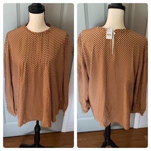 Loft High Neck Long Sleeve Pullover Blouse in Brown Polka Dot/Size Large